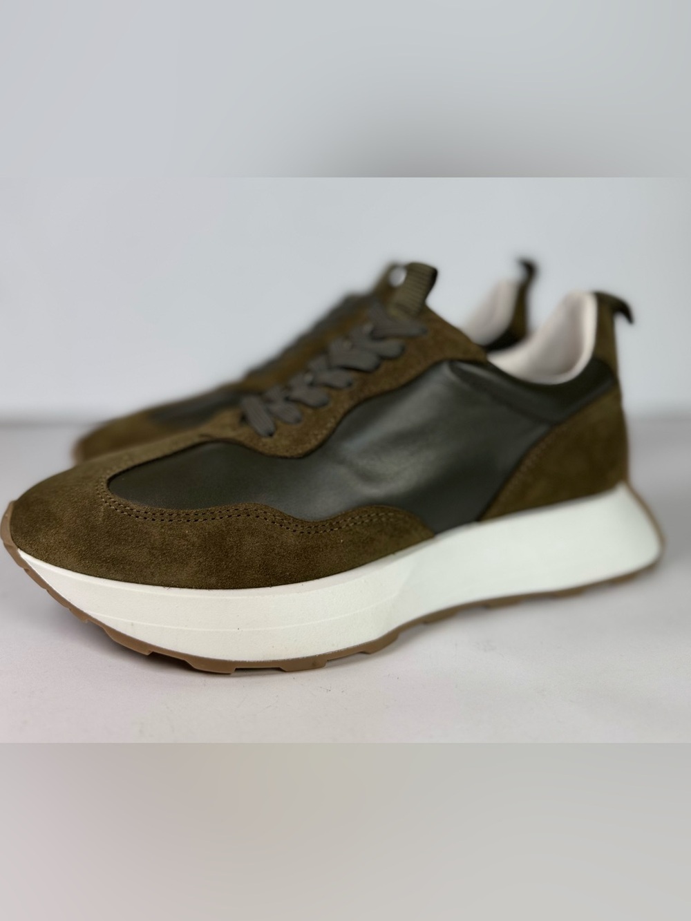 PO-ZU Olive Vegan Leather & Suede Sneakers EU37 US 6.5 Quiet Luxury